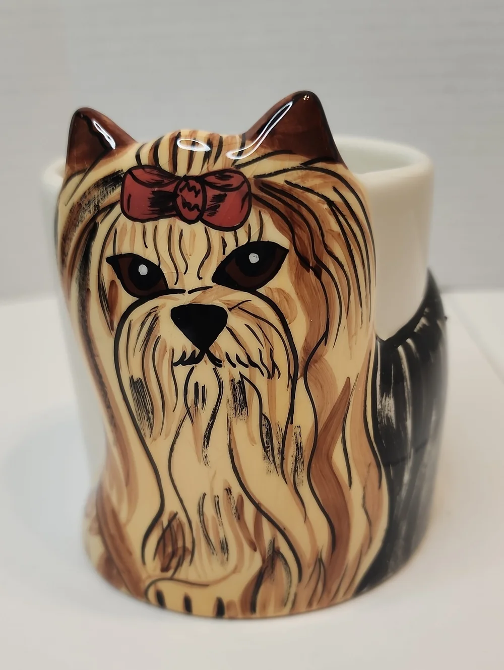 Yorkie Ceramic Glazed Mug with Dark Pink Bow. Dogs By Nina Yorkshire Terrier